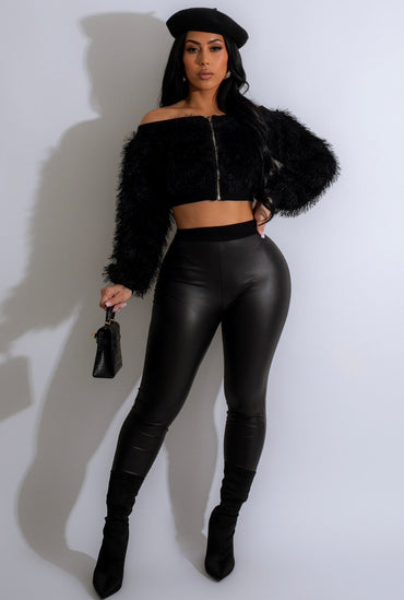 Plush Jacket & Leather Pants Set Front