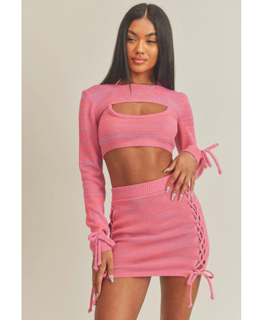 3 Pc Barbie Hot Pink/Blue Knit Mini Skirt & Bralette Set + Cover Up Front