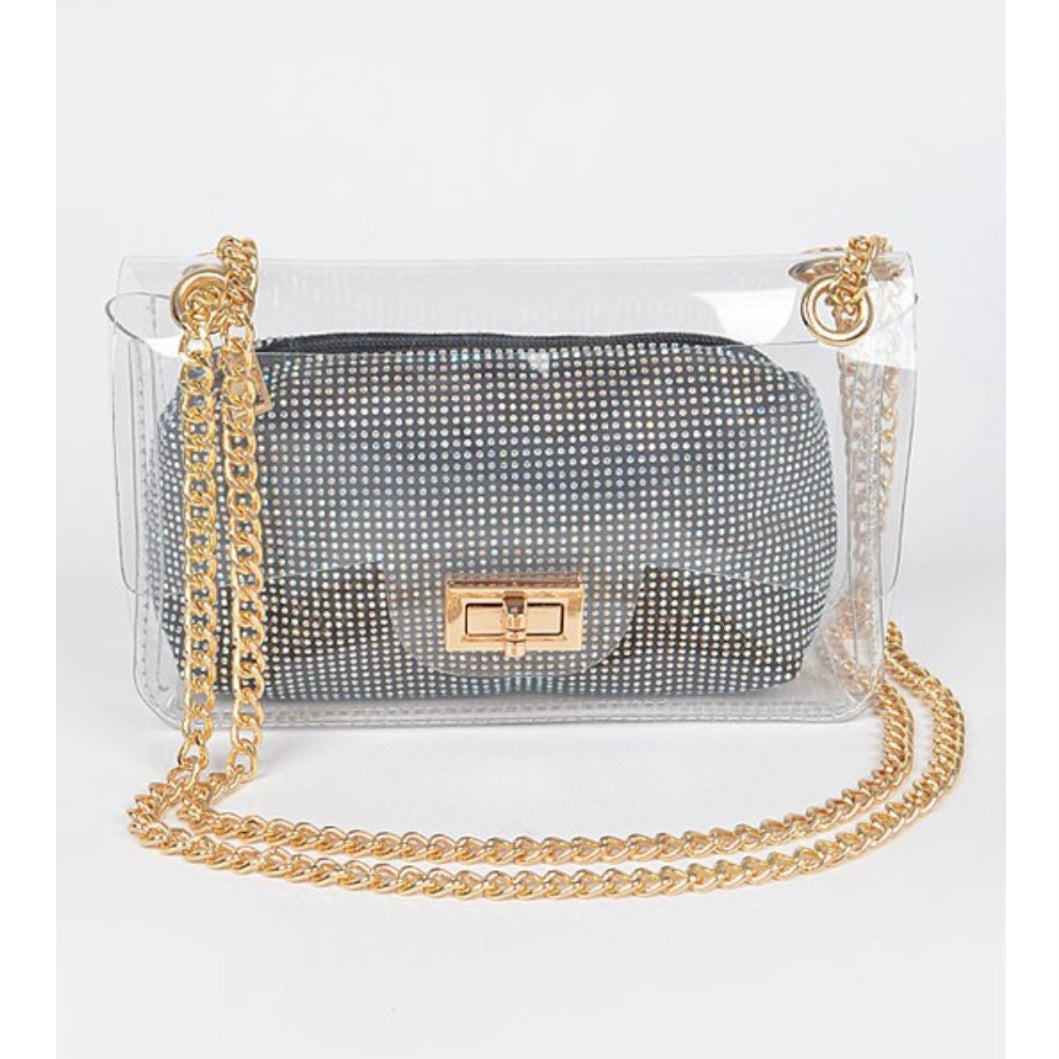 Clear Bag + Black-Rhinestone Purse & Gold Chain Strap
