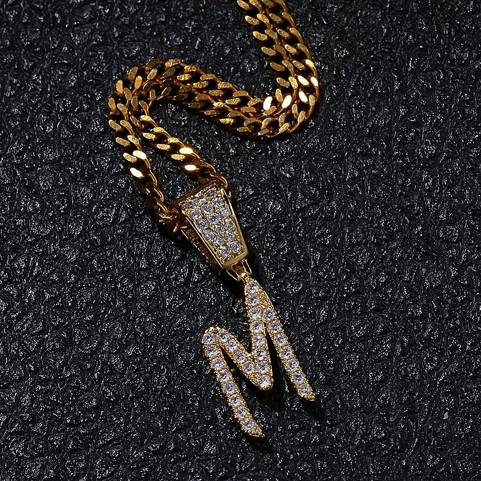 Small-Medium Gold Plated Initial Pendant + Diamond Design & Gold Cuban Link Chain