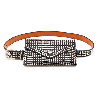 Black pu leather fanny pack with waist belt. Covered with silver studs. Square shape.
