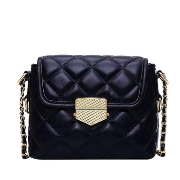 Black, pu leather, quilted messenger handbag with gold buckle and gold chain covered black strap. Square shape.