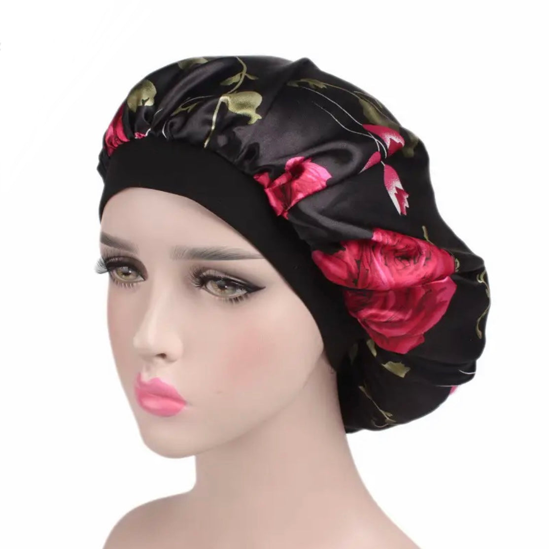 Black Flat Band Satin Bonnet + Red Rose Pattern