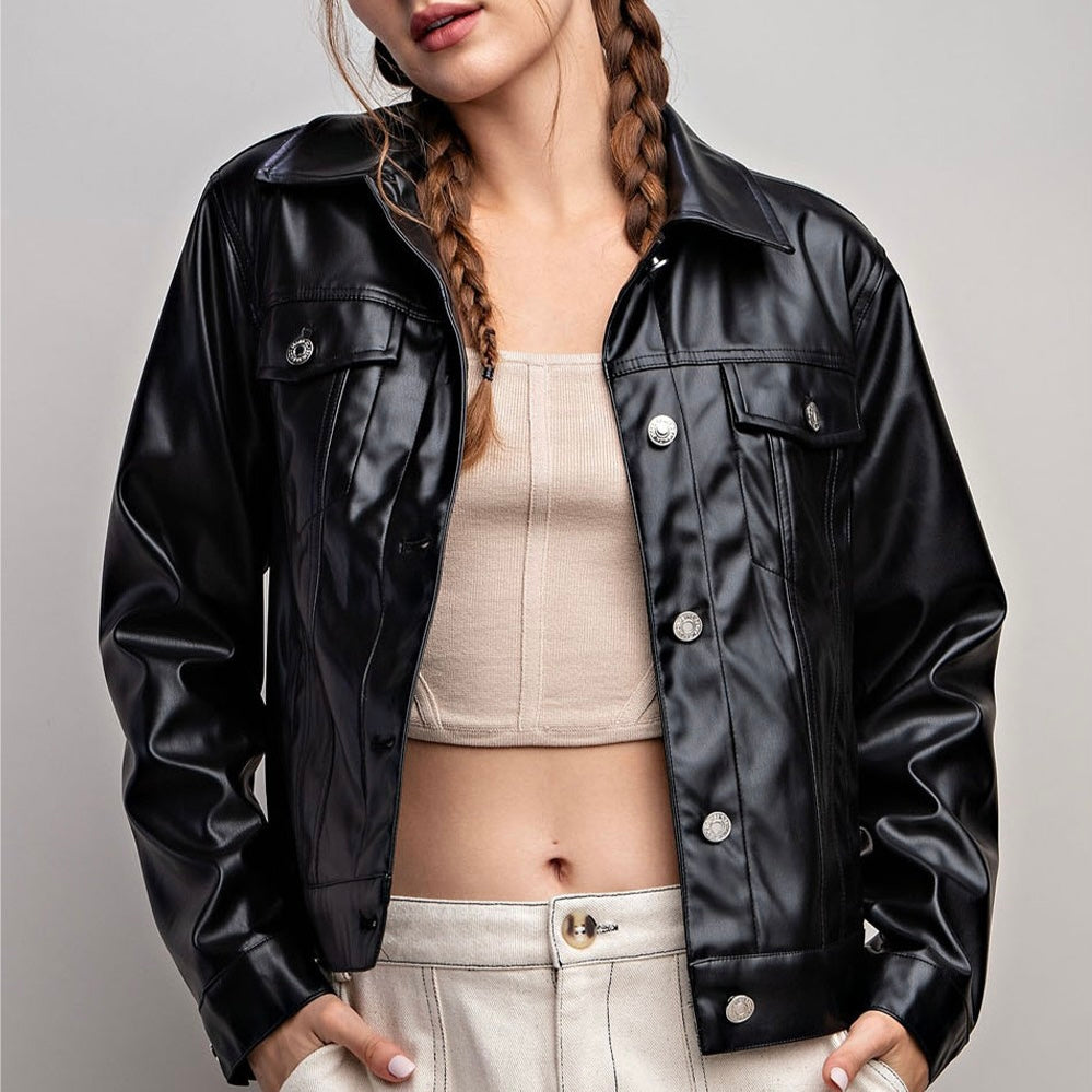 Black Soft PU Leather Jacket Front