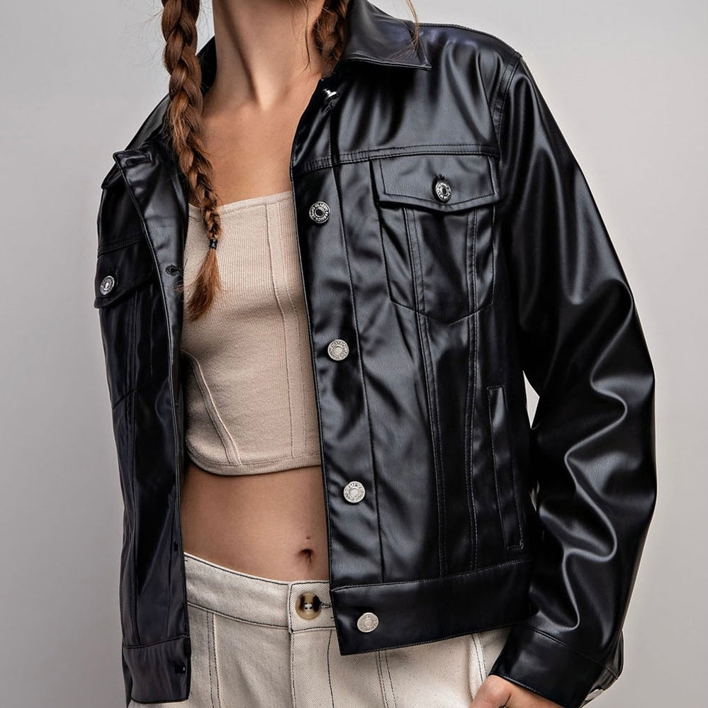 Black Soft PU Leather Jacket Front 2