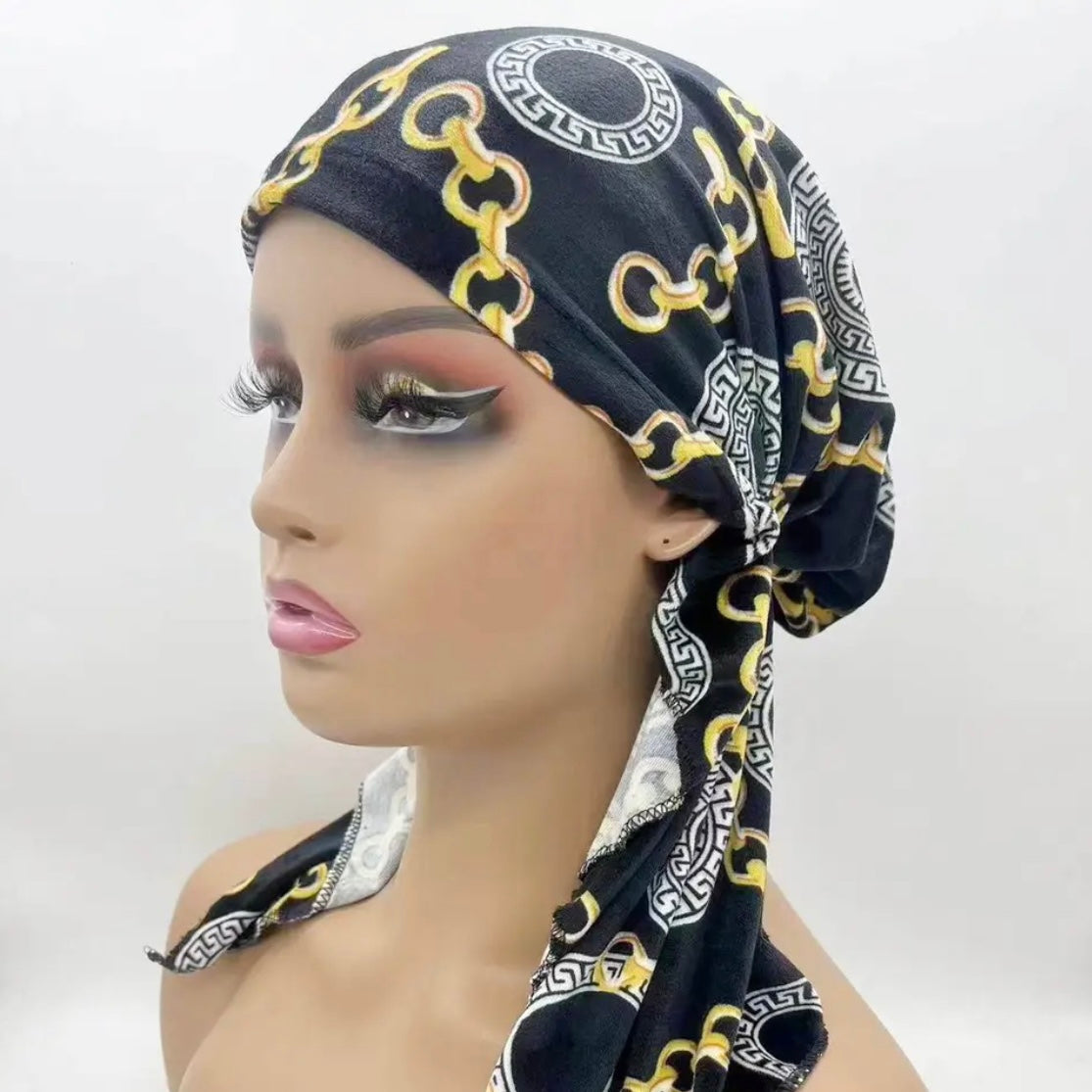 Black & Gold Slip-on Chain Pattern Plush Velour Headwrap