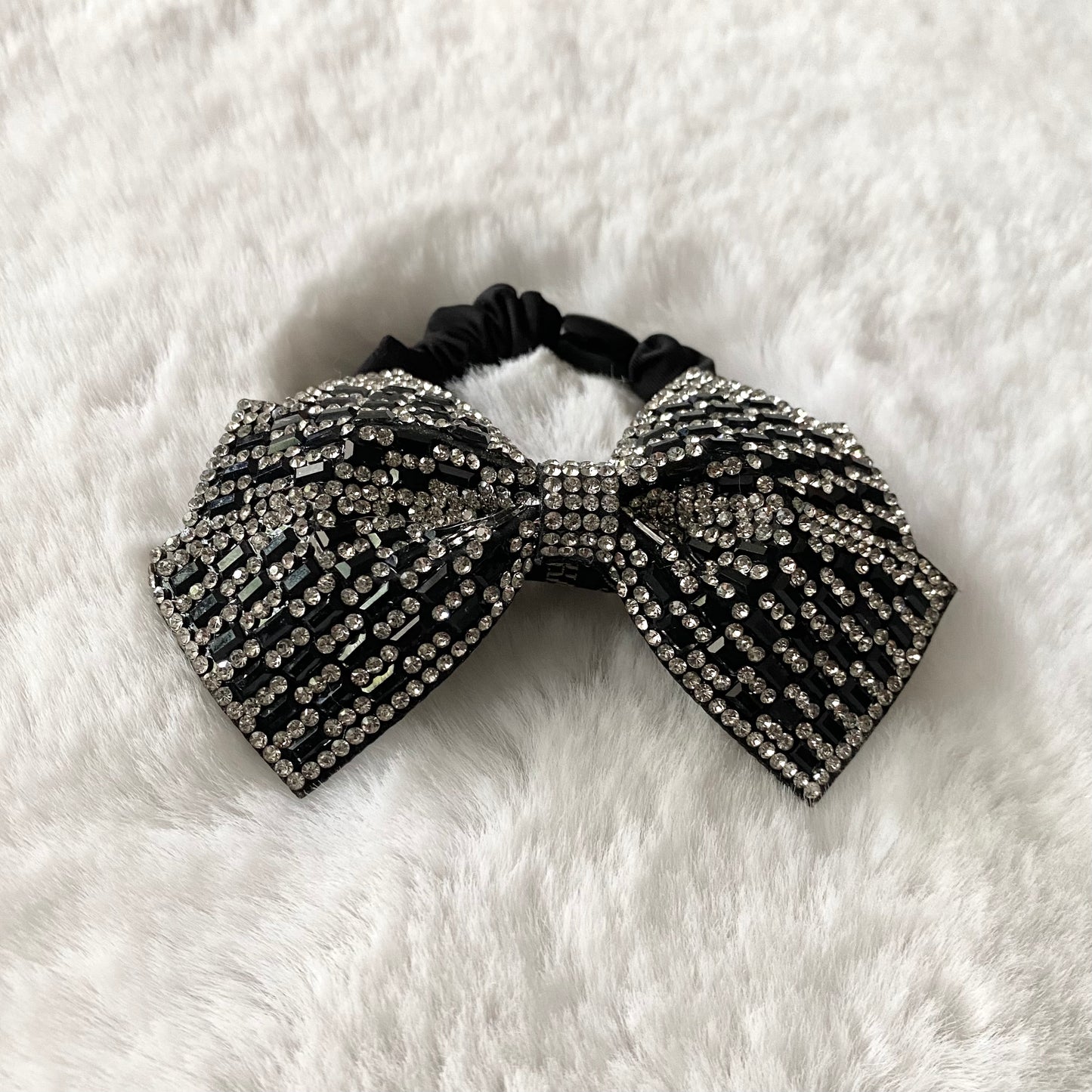 Handmade Rhinestone Bow Scrunchy - Black