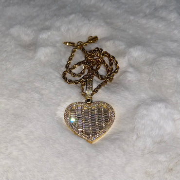 Medium Size Gold Plated Heart Pendant + Baguette CZ Stone Diamond Design & Rope Chain 2