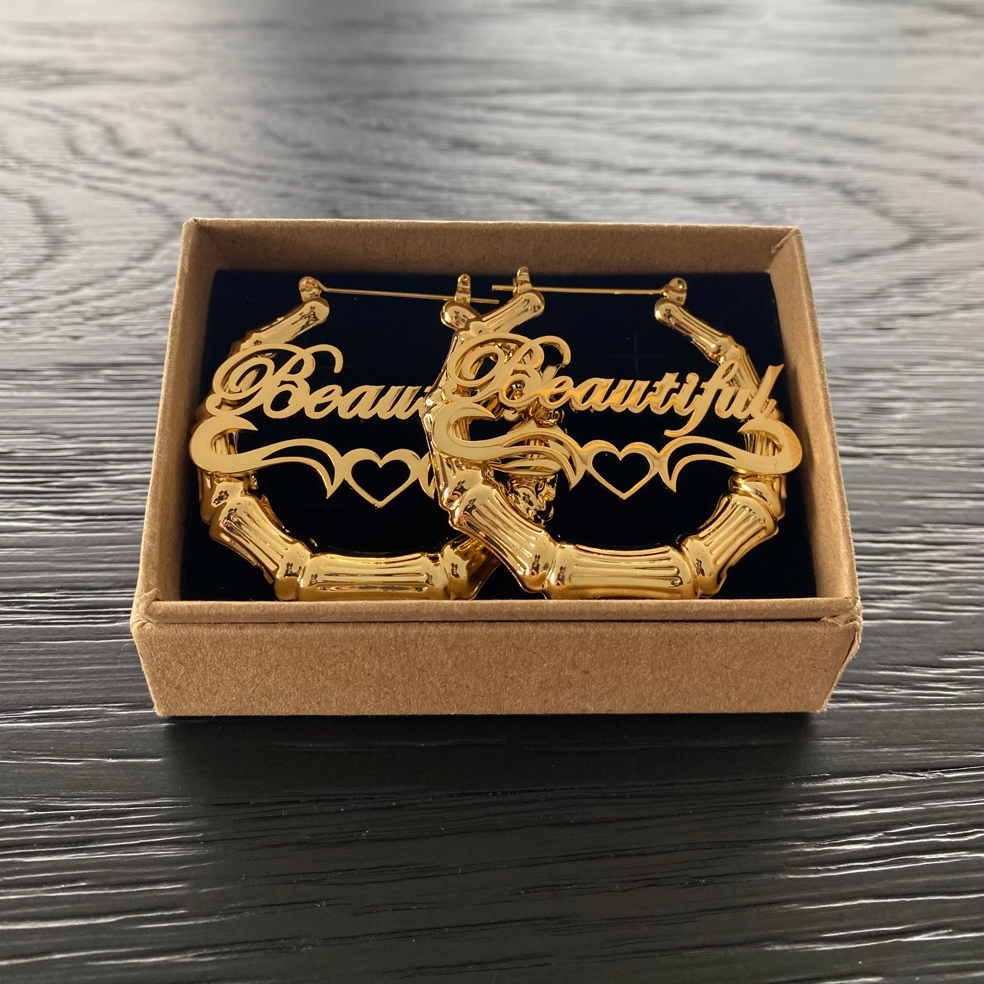 Medium Size Gold Plated Bamboo Name Earrings 'Beautiful' 