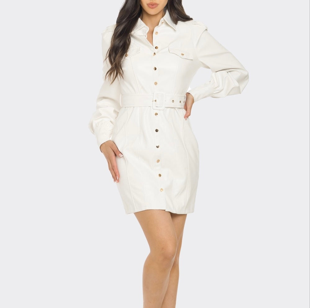 Off White Leather Mini Dress Front 