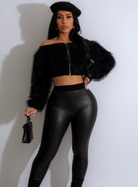 Plush Jacket & Leather Pants Set Front Close