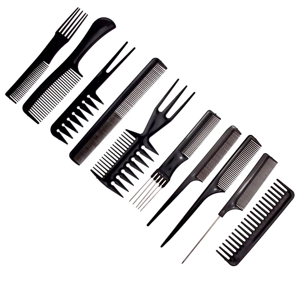 10 piece black plastic comb set. 3 tail combs, 3 single combs, 3 double ended combs and 1 triple sided comb.