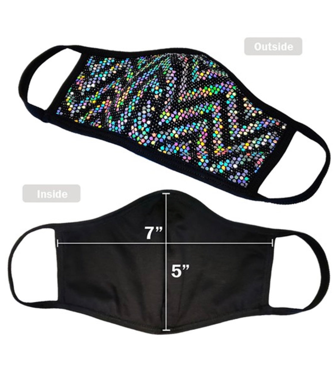 Black faBlack Sequin Holographic Face Mask Measurementsce mask covered with silver/multicoloured holographic sequin.