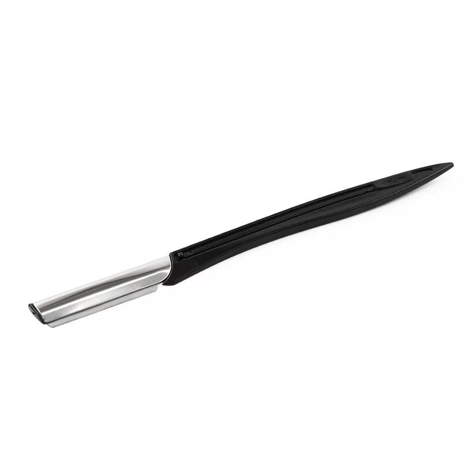 Silver razor with black handle. Part of 5 piece cosmetic tools set. 