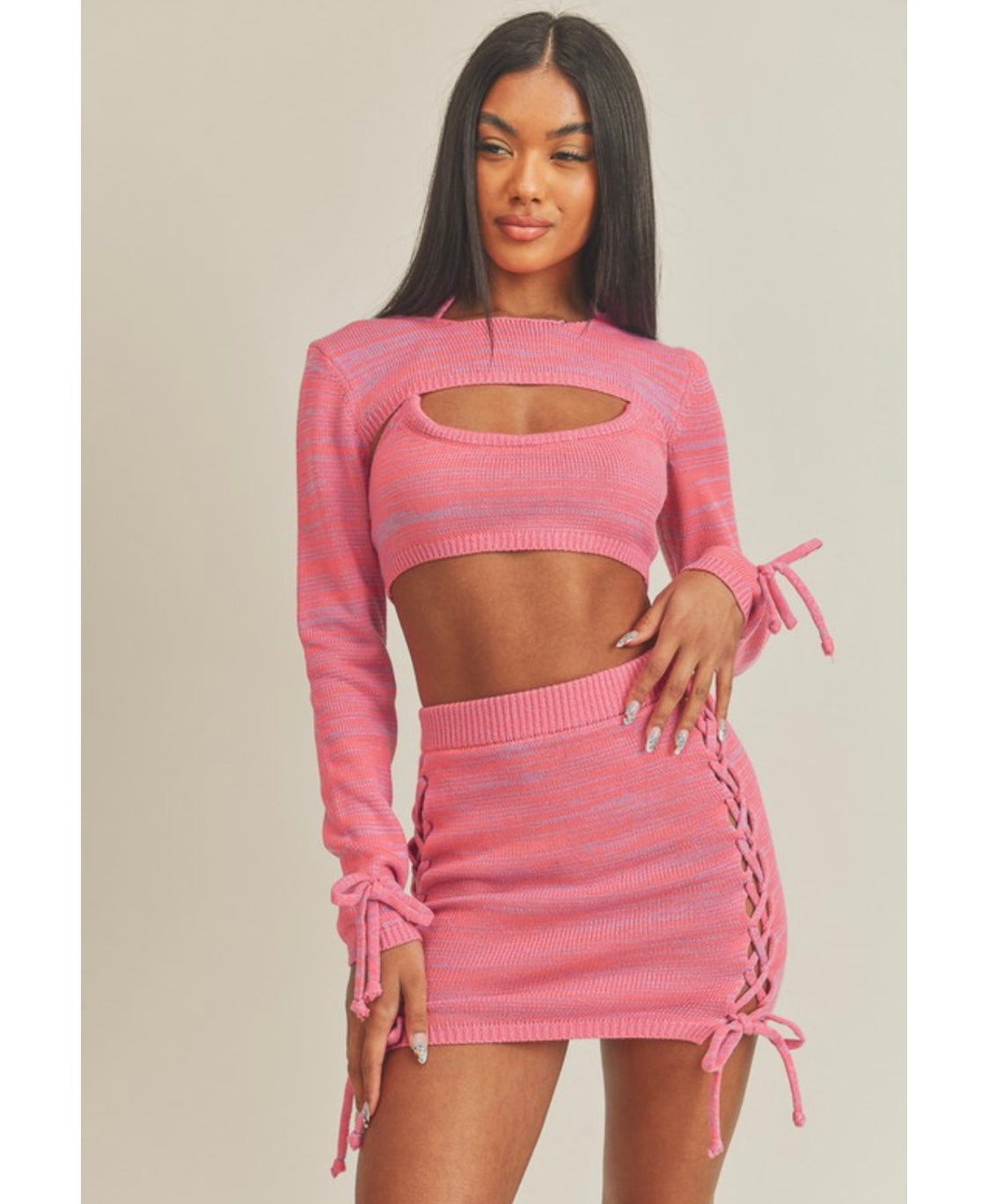 3 Pc Barbie Hot Pink/Blue Knit Mini Skirt & Bralette Set + Cover Up Front 