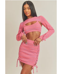 3 Pc Barbie Hot Pink/Blue Knit Mini Skirt & Bralette Set + Cover Up Front 2