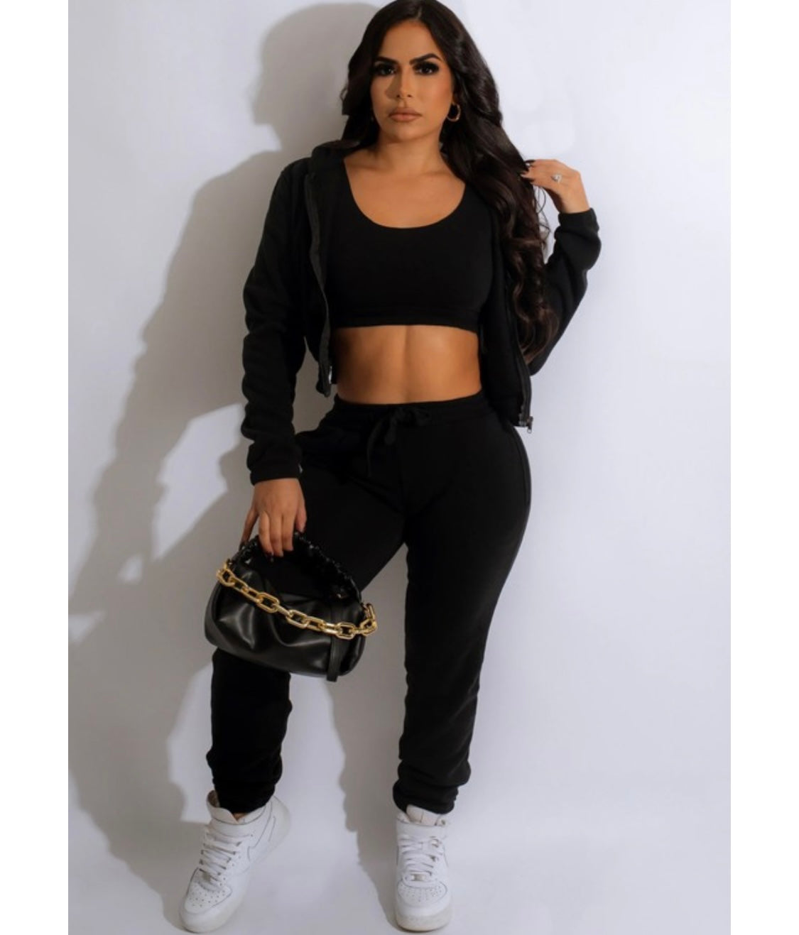 3 Pc Black Cotton Bralette Jogger Set Front