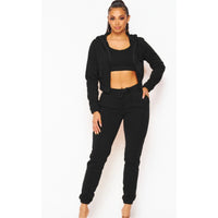 3 Pc Black Cotton Bralette Jogger Set Front 2