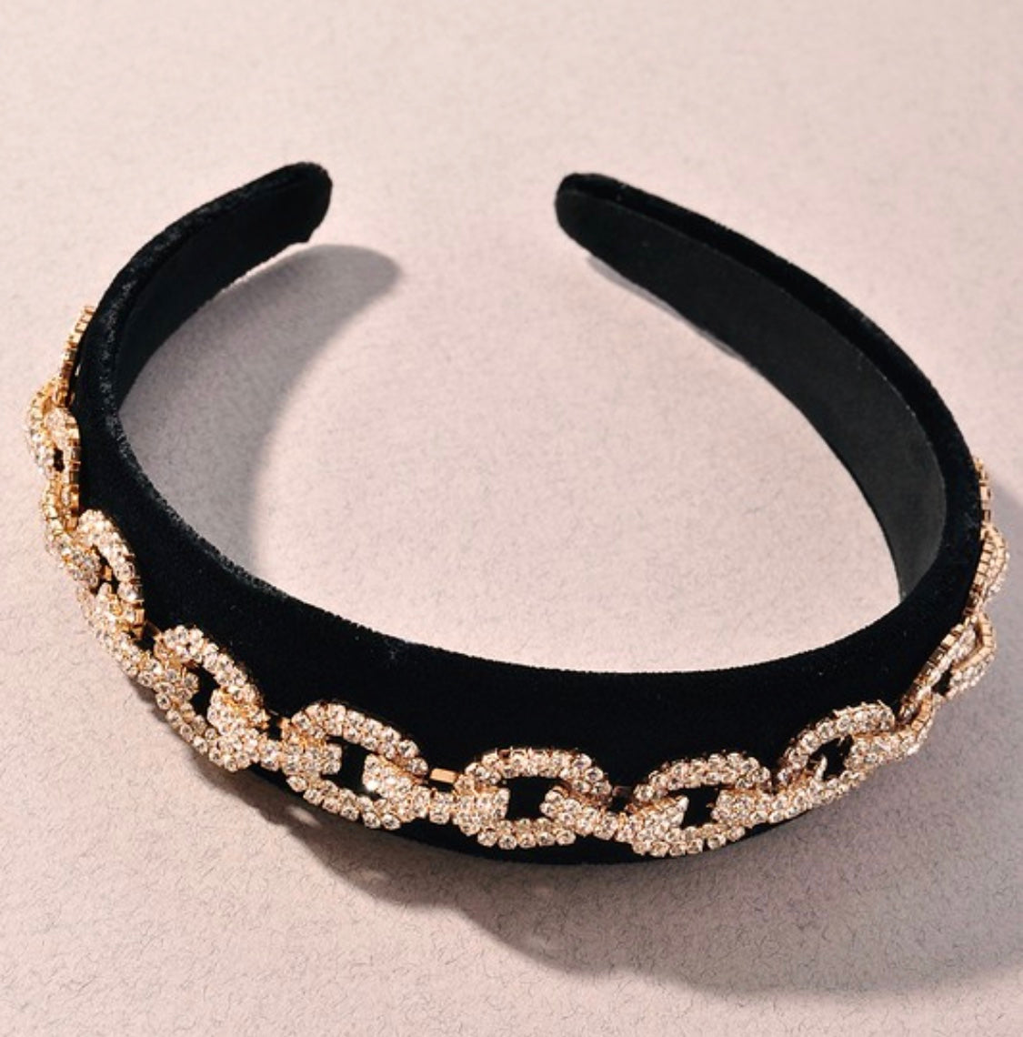 Black Suede Headband + Gold Rhinestone Gucci Link Diamond Design 