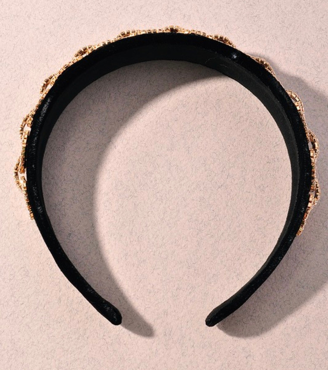 Black Suede Headband + Gold Rhinestone Gucci Link Diamond Design 4