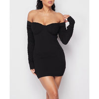 Black Ruched Long Sleeve Off Shoulder Mini Dress + Breast Cups Front  