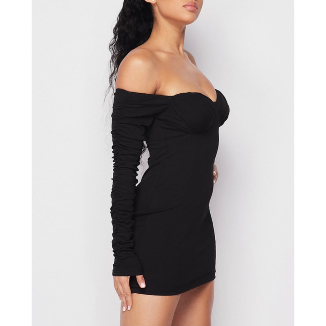 Black Ruched Long Sleeve Off Shoulder Mini Dress + Breast Cups Front Side