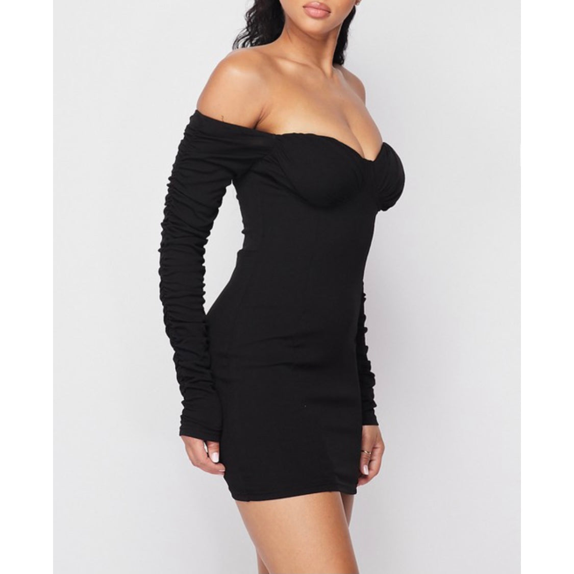 Black Ruched Long Sleeve Off Shoulder Mini Dress + Breast Cups Front  Side 2