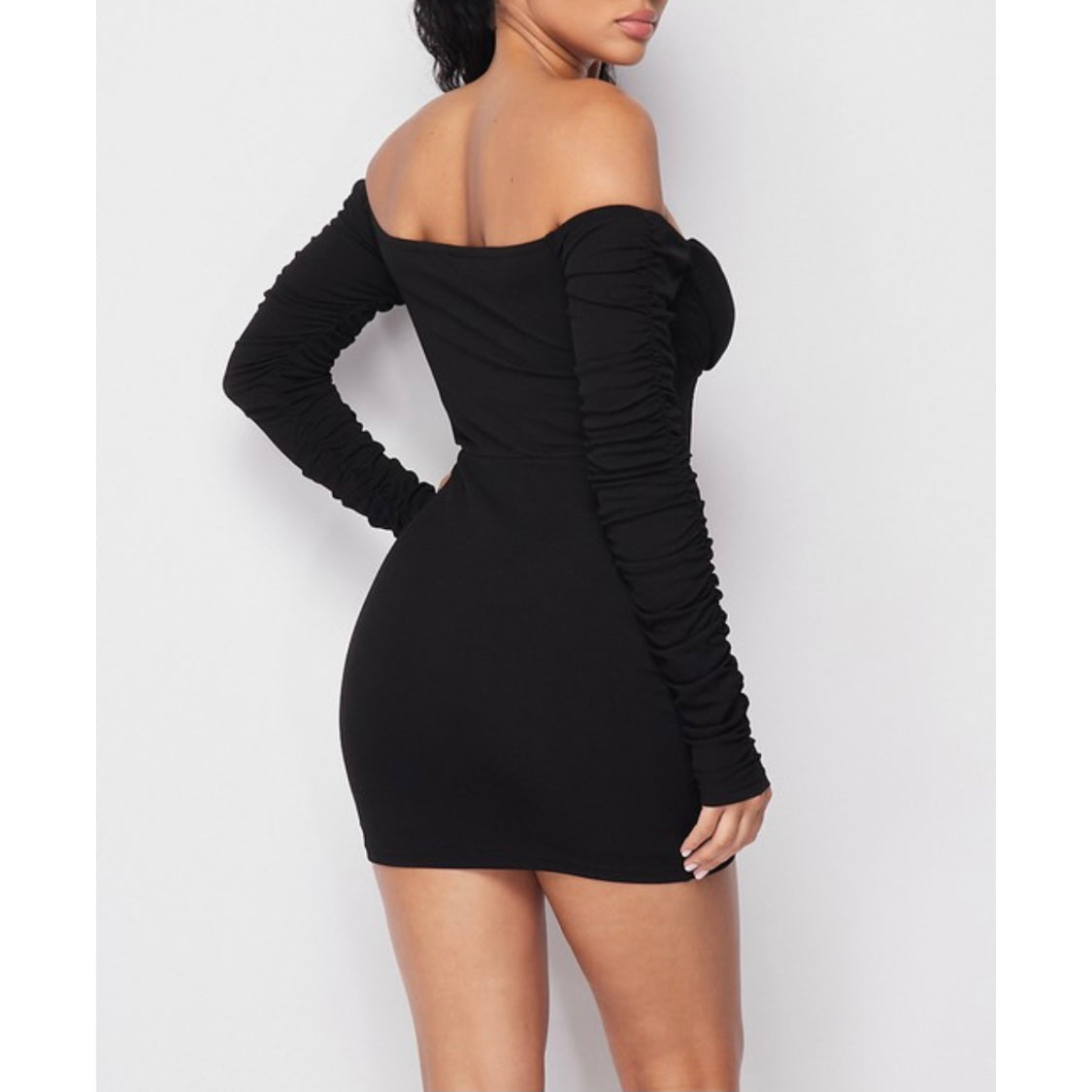 Black Ruched Long Sleeve Off Shoulder Mini Dress + Breast Cups Back