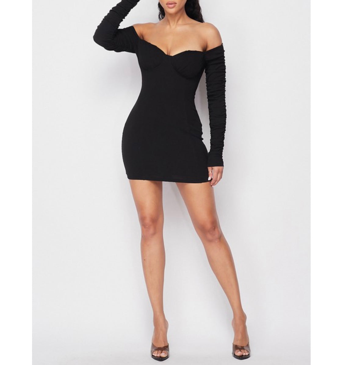 Black Ruched Long Sleeve Off Shoulder Mini Dress + Breast Cups Front Tall