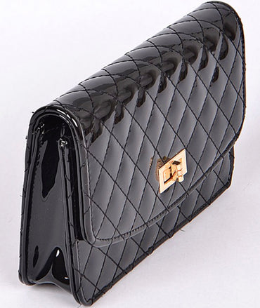 Black Quilted PU Patent Leather Messenger Purse + Gold Chain Strap & Gold Details Side