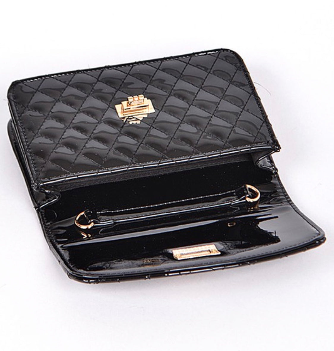 Black Quilted PU Patent Leather Messenger Purse + Gold Chain Strap & Gold Details Open