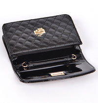 Black Quilted PU Patent Leather Messenger Purse + Gold Chain Strap & Gold Details Open