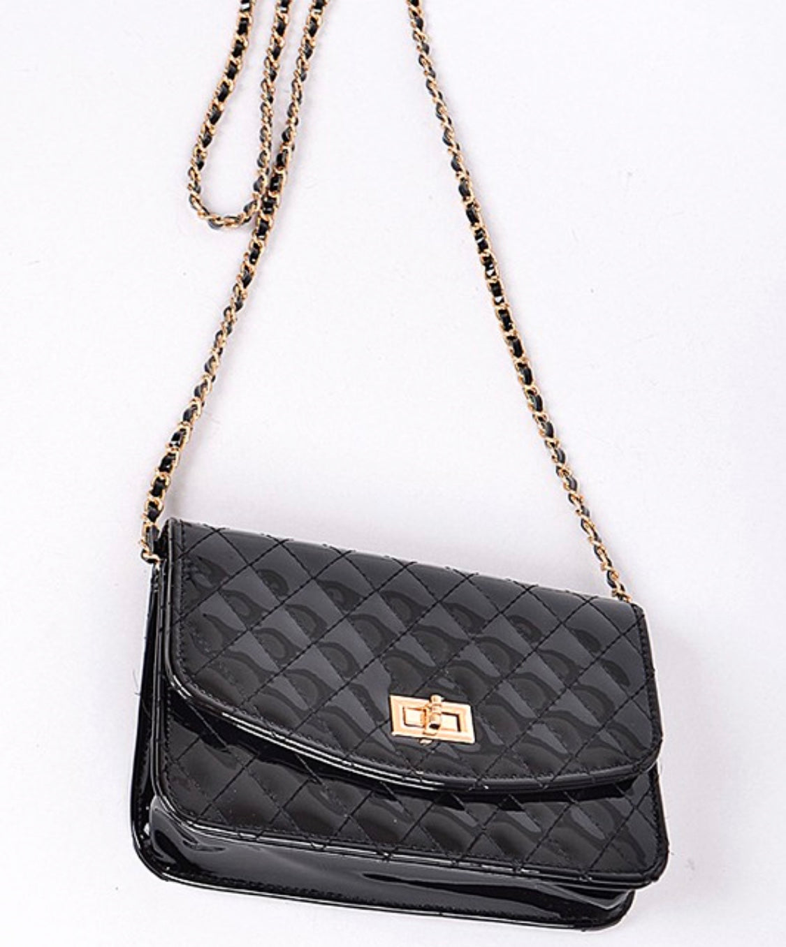 Black Quilted PU Patent Leather Messenger Purse + Gold Chain Strap & Gold Details Long