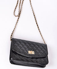 Black Quilted PU Patent Leather Messenger Purse + Gold Chain Strap & Gold Details Long