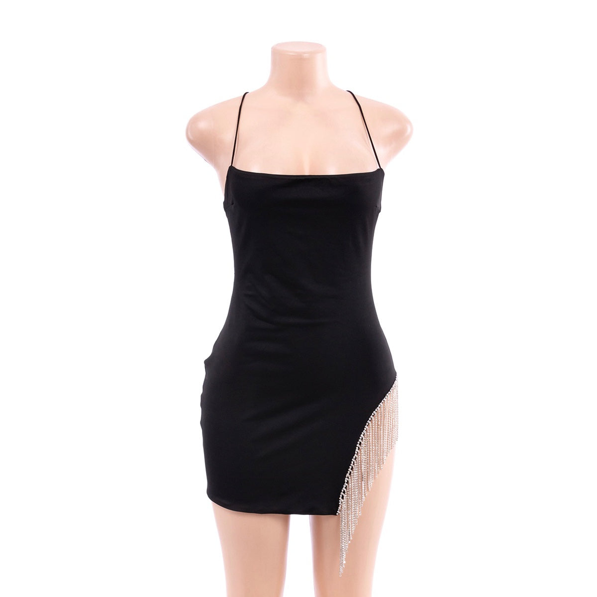 Black Cross Back Mini Dress + Rhinestone Diamond Design Front