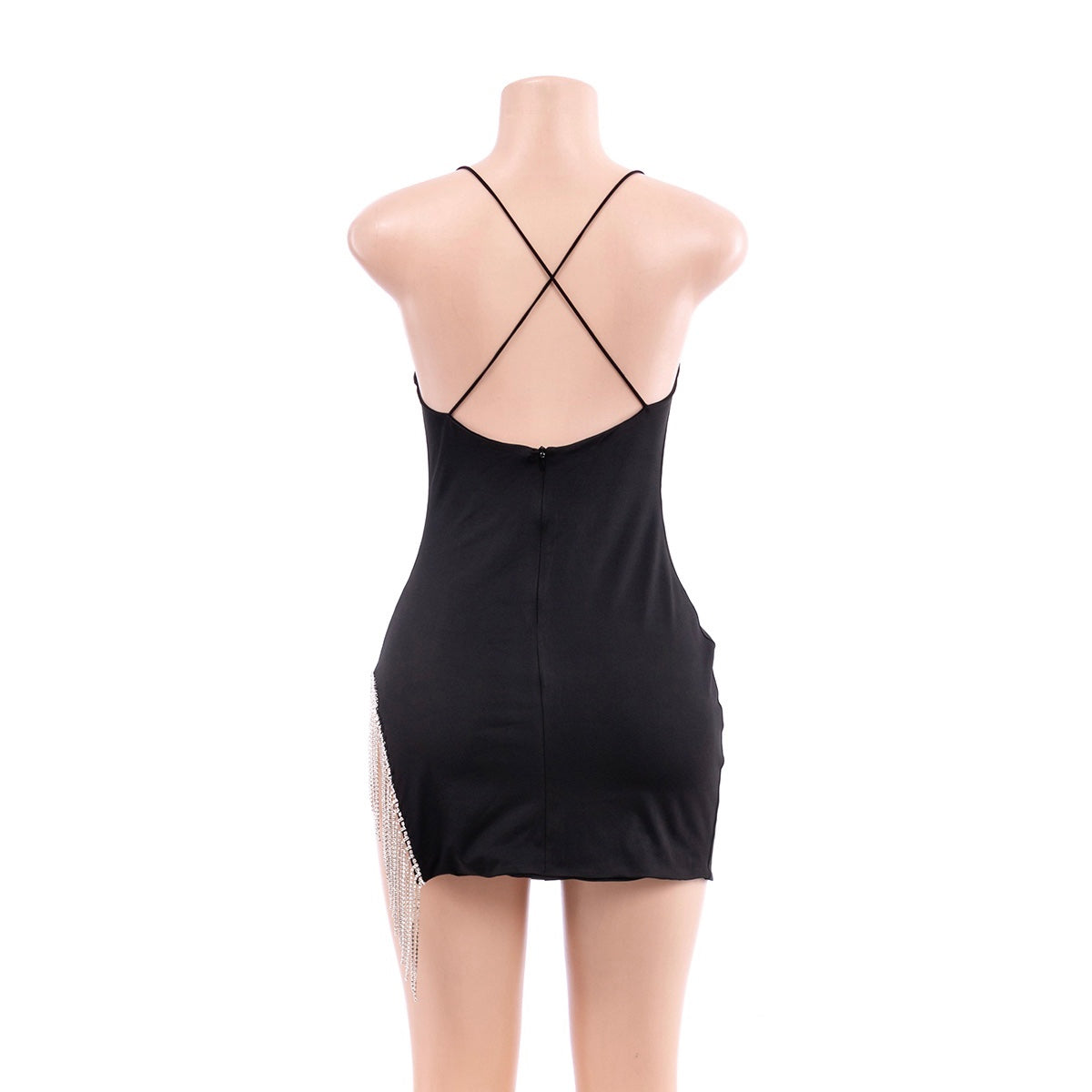 Black Cross Back Mini Dress + Rhinestone Diamond Design Back