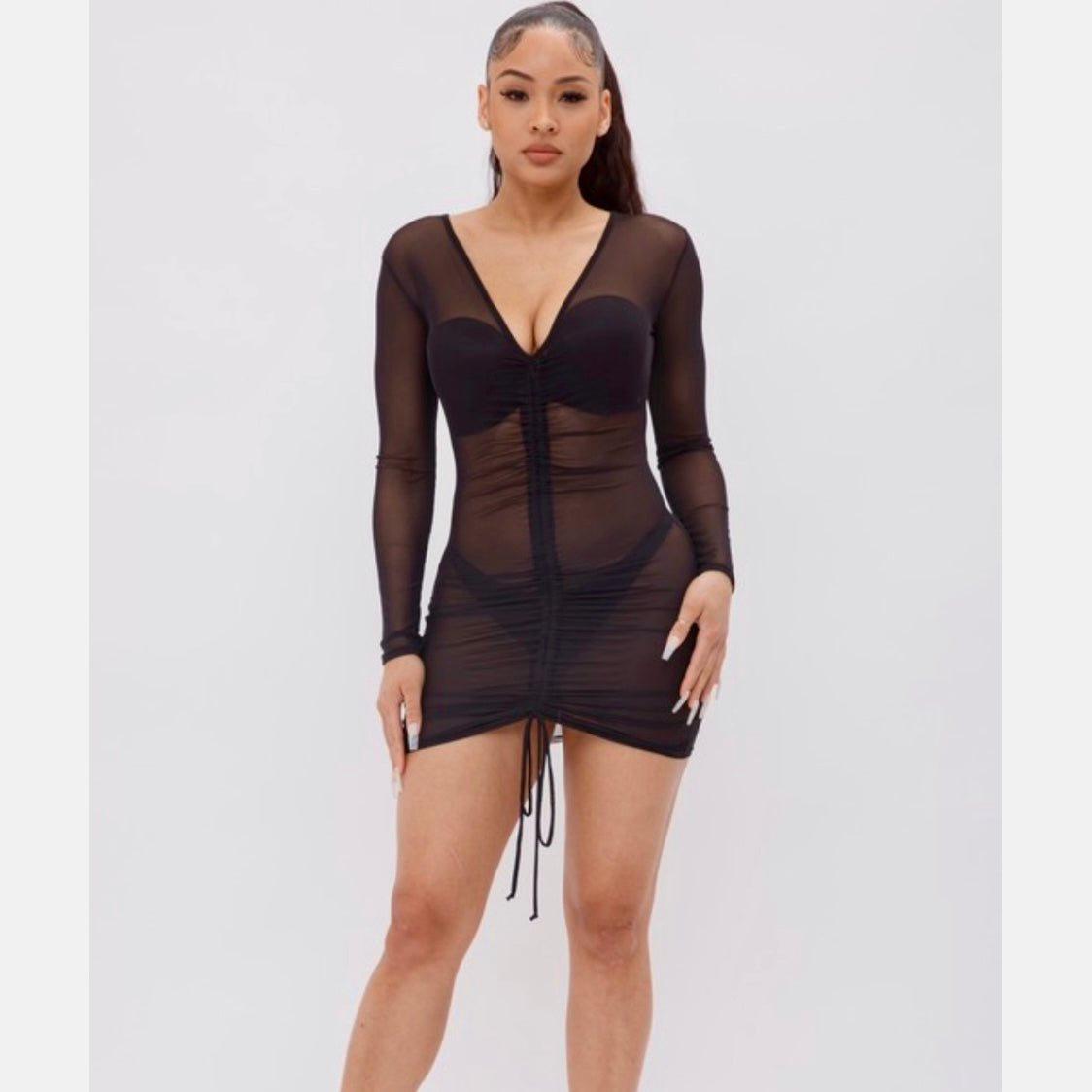 Black Sheer Mesh Mini V Neck Cover Up Dress + Drawstring Front