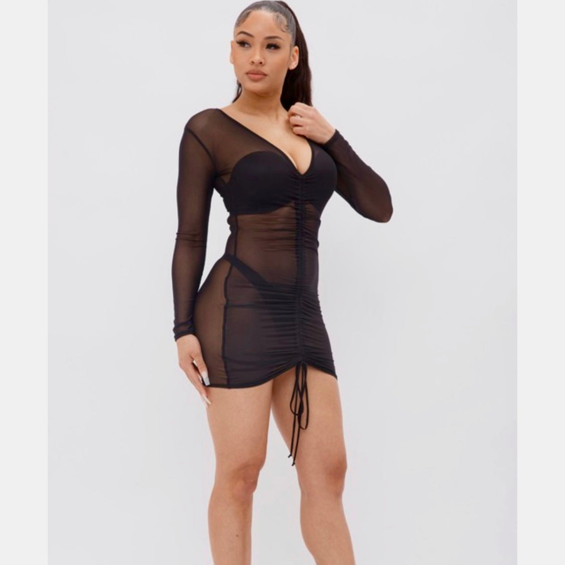 Black Sheer Mesh Mini V Neck Cover Up Dress + Drawstring Front Side