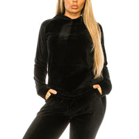 Black Velour Pullover Hoodie Set Close Up