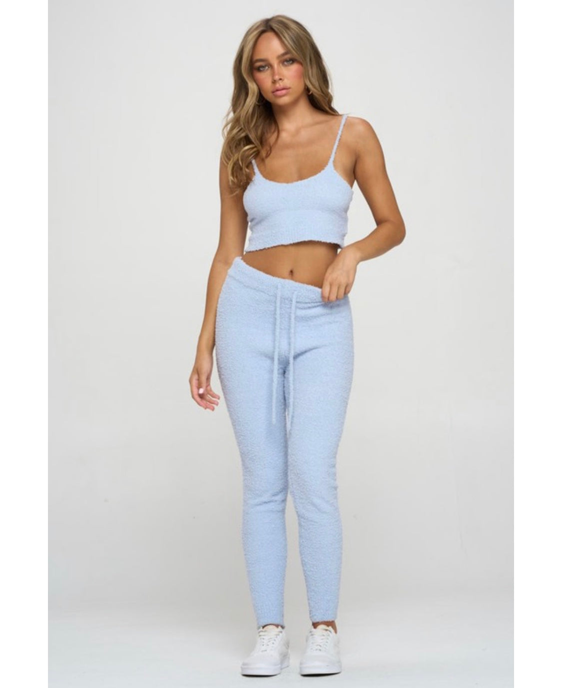 Powder Blue Plush Lounge Pants Set Front 