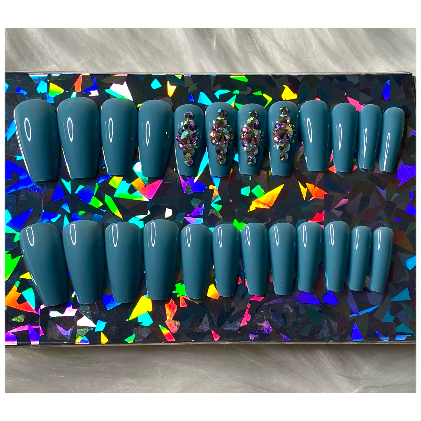 24 piece press on nail set - Blue medium length soft coffin shape press on nails with rhinestone design