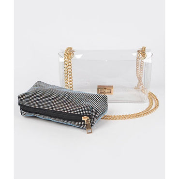 Clear Bag + Black-Rhinestone Purse & Gold Chain Strap 2