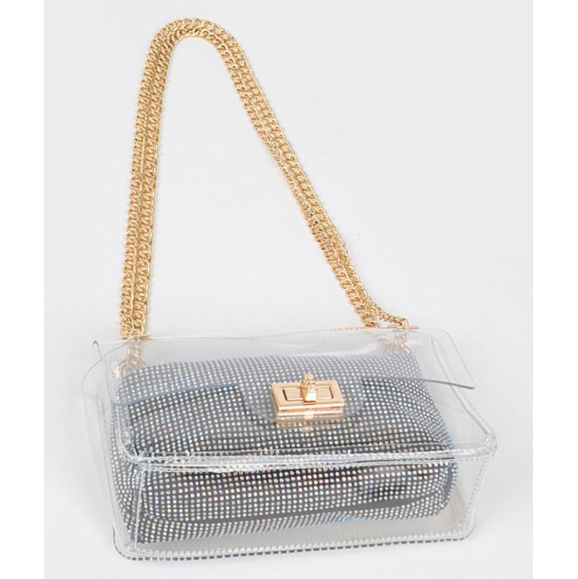 Clear Bag + Black-Rhinestone Purse & Gold Chain Strap 5