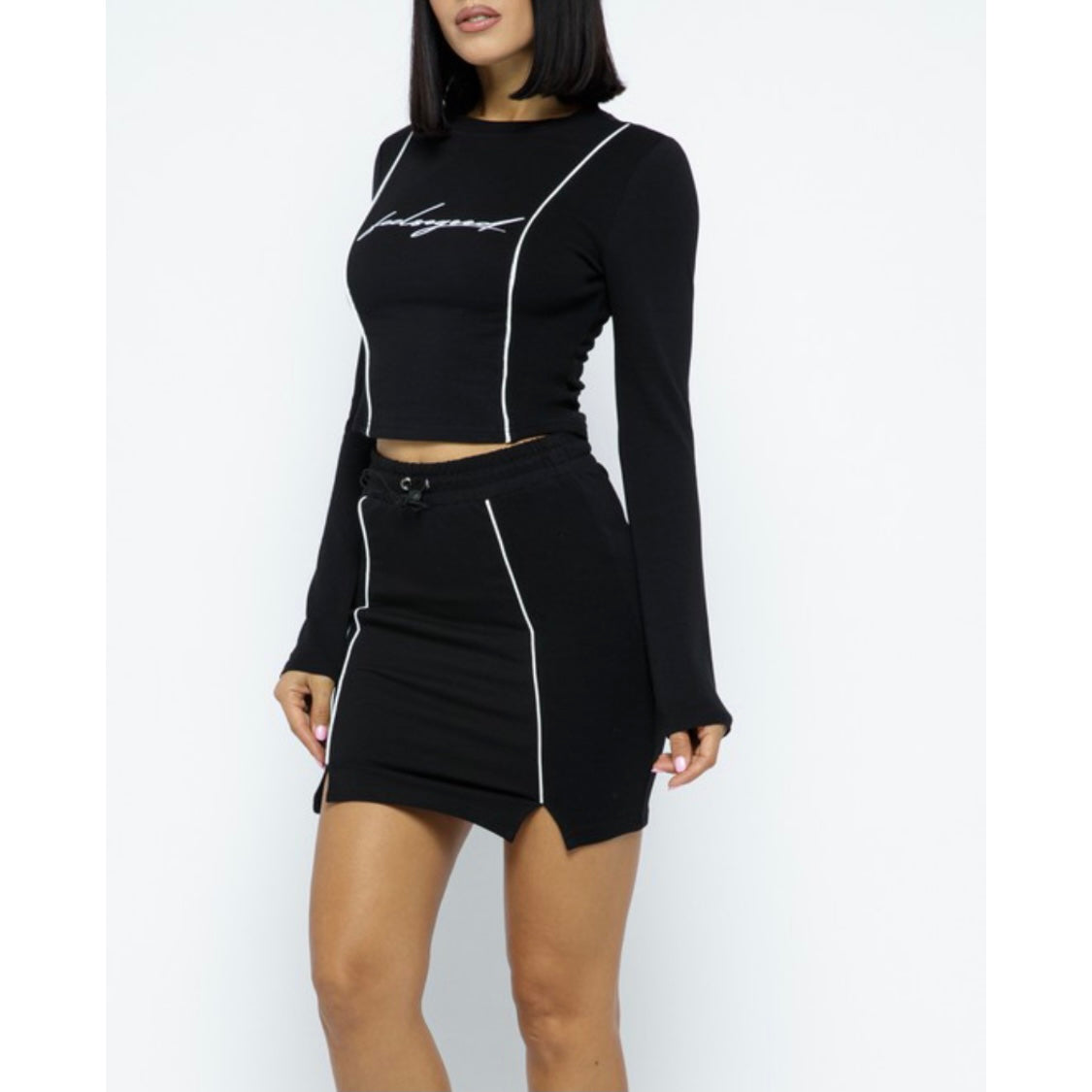 Black Cotton Mini Skirt Set + Reflective Graphic Long Sleeved Top 'Feel So Good' + Reflective Lines & Drawstring Front Side