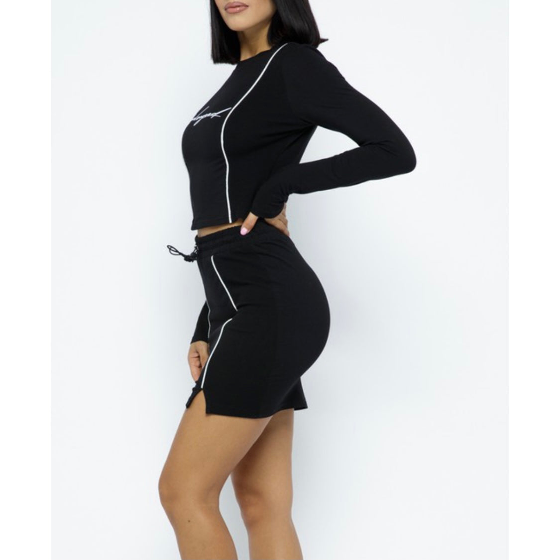 Black Cotton Mini Skirt Set + Reflective Graphic Long Sleeved Top 'Feel So Good' + Reflective Lines & Drawstring Side