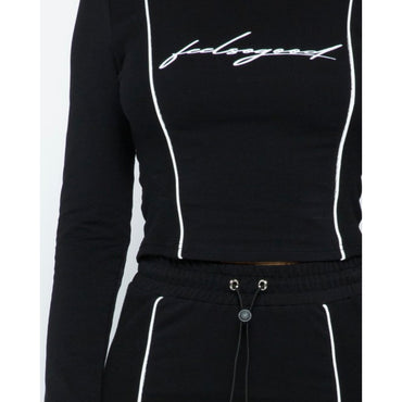 Black Cotton Mini Skirt Set + Reflective Graphic Long Sleeved Top 'Feel So Good' + Reflective Lines & Drawstring Up Close