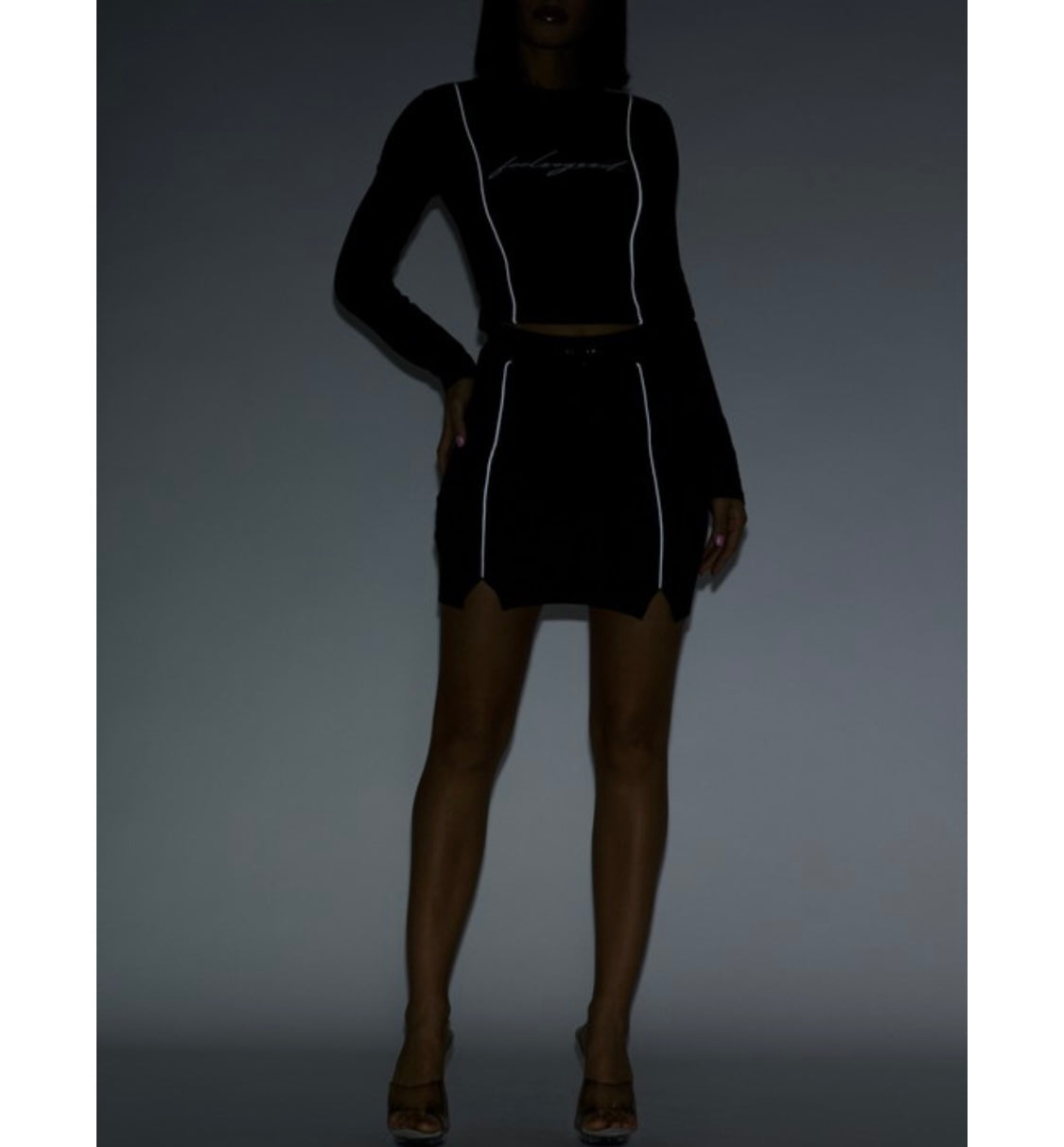 Black Cotton Mini Skirt Set + Reflective Graphic Long Sleeved Top 'Feel So Good' + Reflective Lines & Drawstring Dark 2