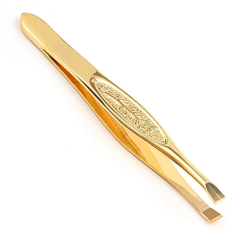 Gold Flat Head Tweezers + Rose Design 