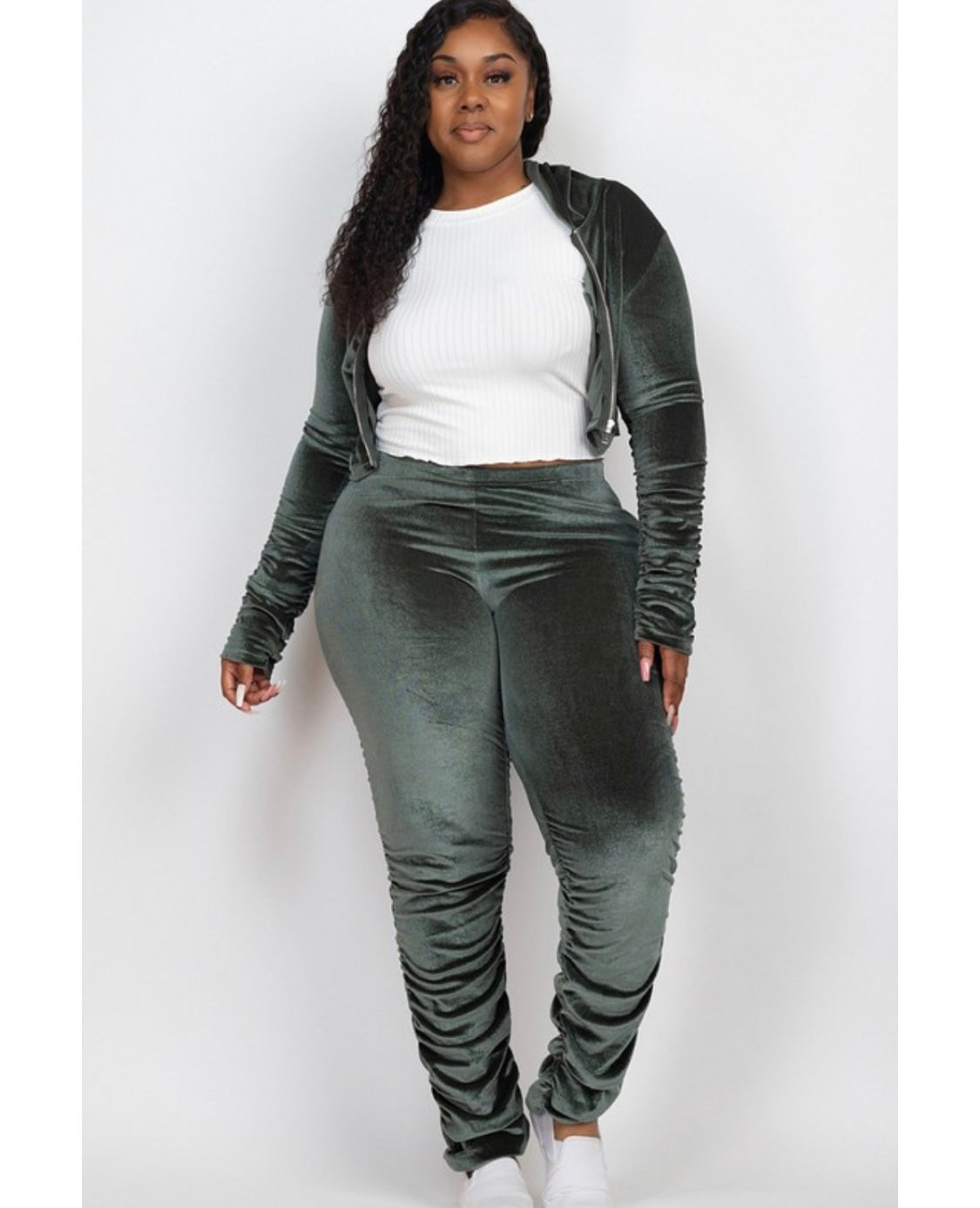 Forest Green Velour Stacked Pants Set Plus Size