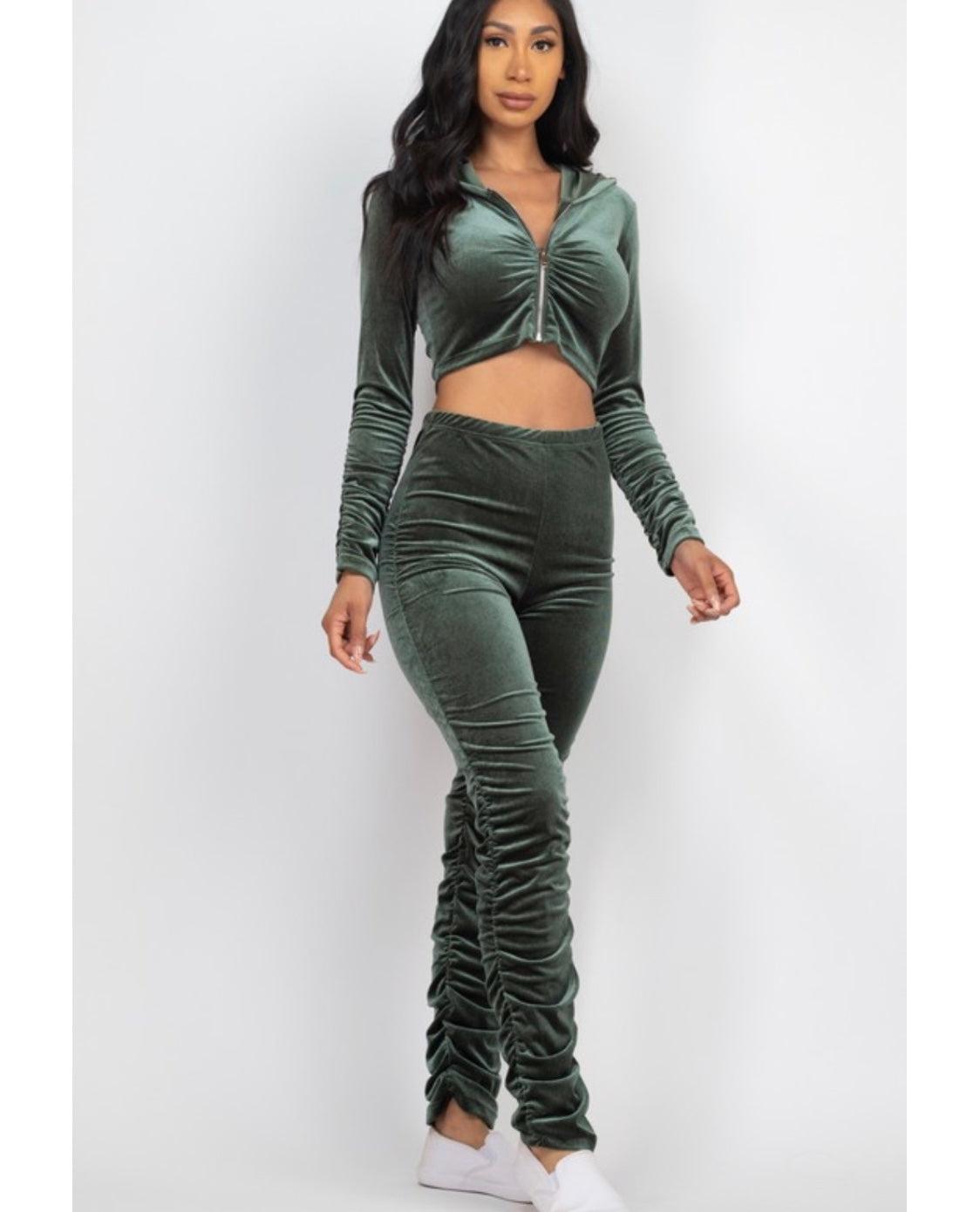 Forest Green Velour Stacked Pants Set Front